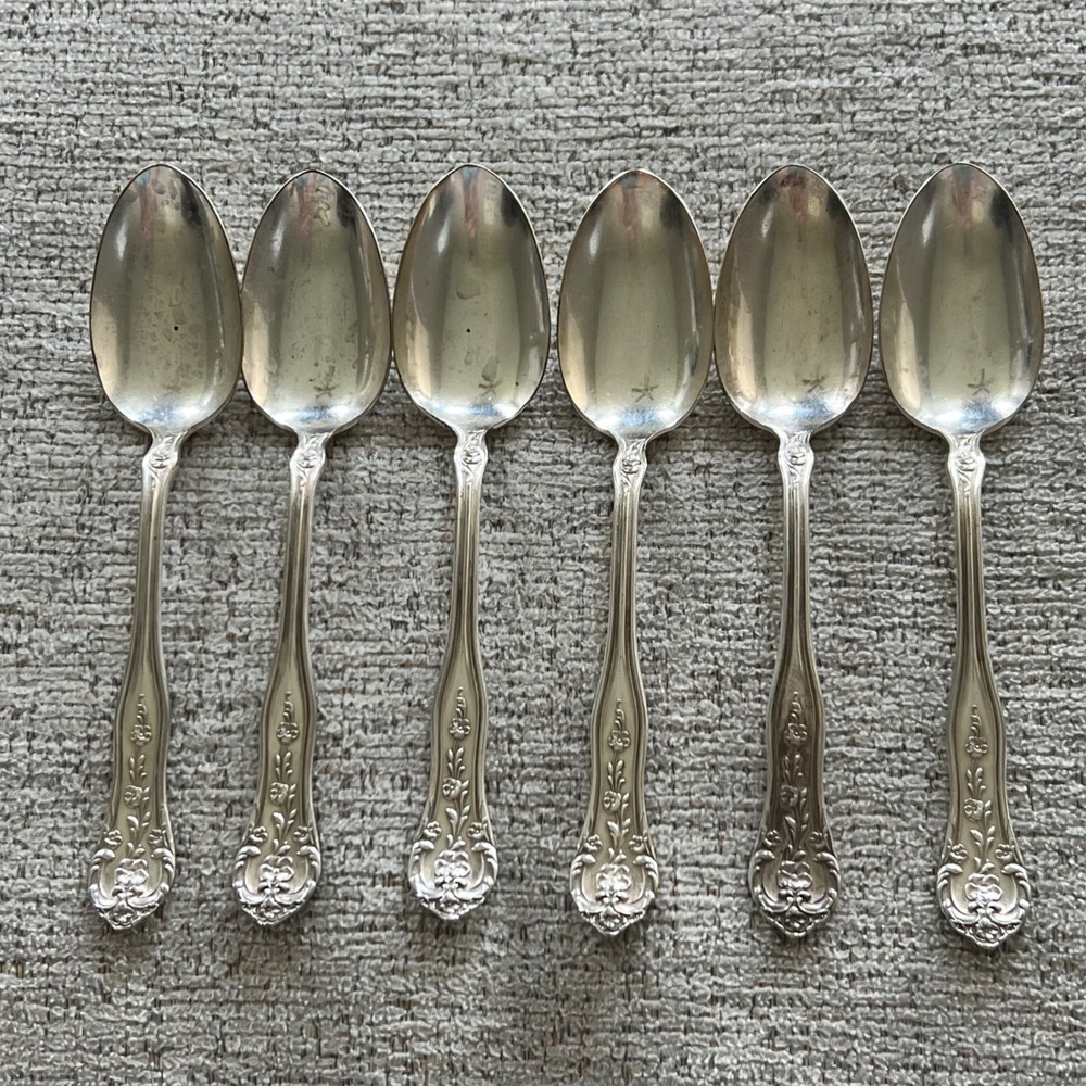 6 Oneida Roxbury Vintage Extra Coin Silver Plate Teaspoons Floral Pattern Spoons